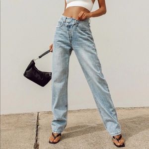 Princess Polly Holly Asymmetric Straight Leg Jean Light Wash Denim